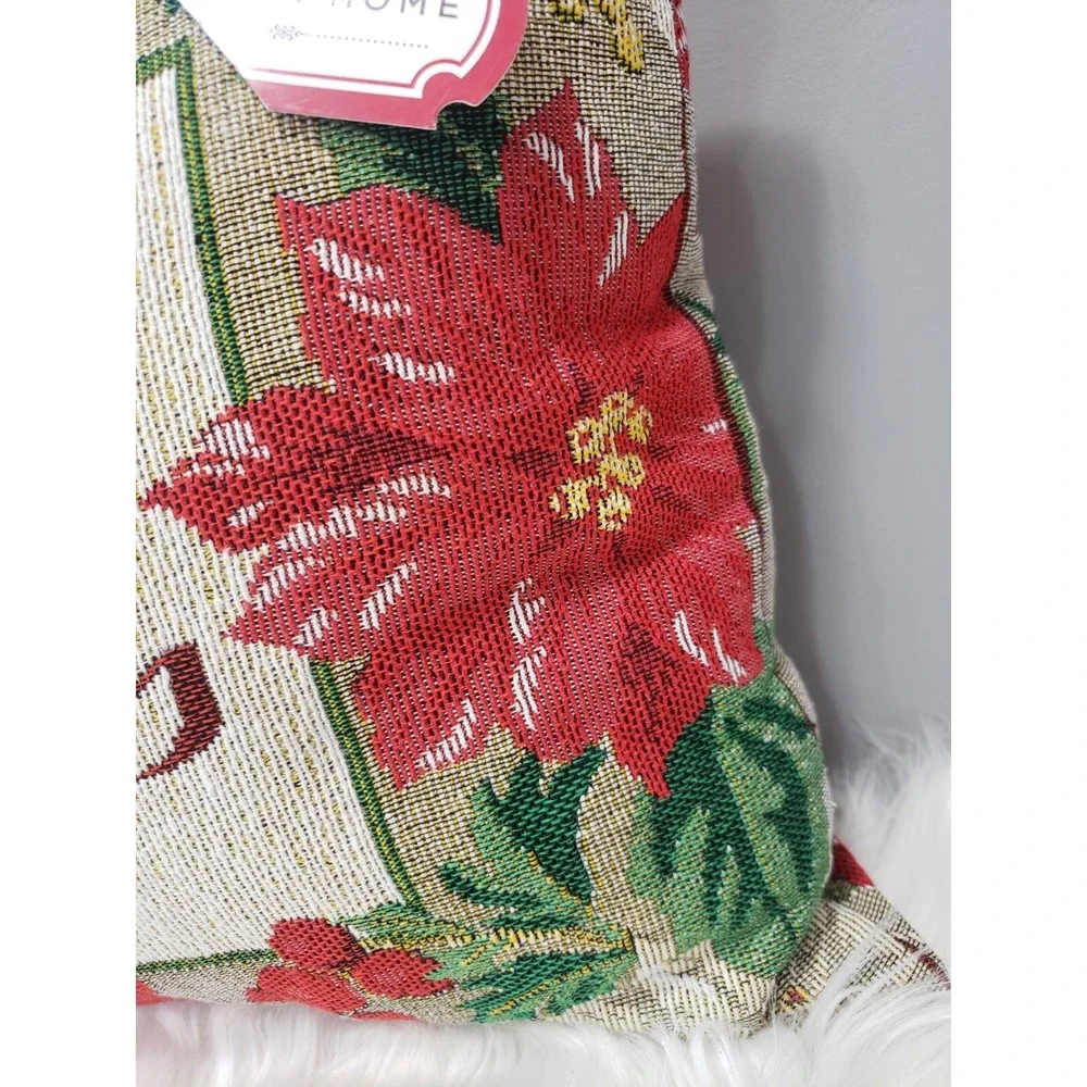 NEW Vintage Christmas Tapestry Rug Throw Pillow Poinsettia‎ Floral Grandma retro